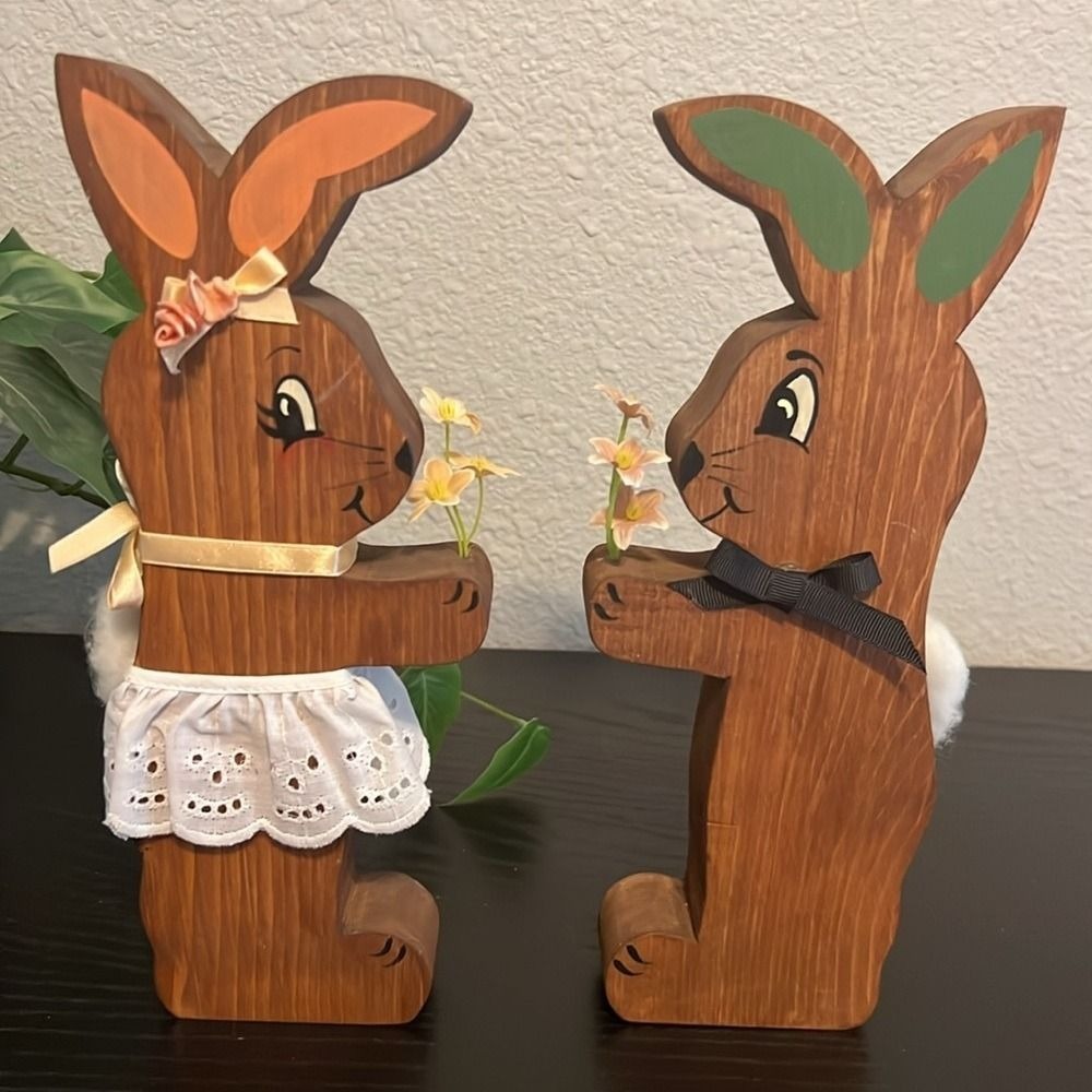 Vintage Handmade Wood Easter Bunny Rabbit Couple Folk Art Spring Decor Set of 2 - Picture 2 of 6